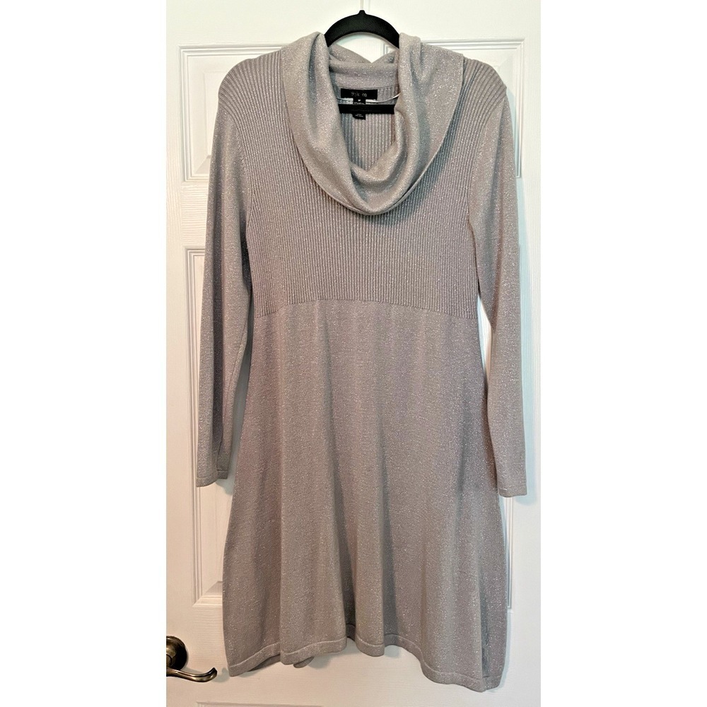 Style co sweater dress sz medium Silver Gray Sparkle Cowl neck Short Holiday